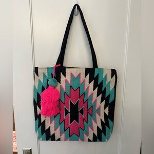 Aztec Pattern Tote Bag with Pink and Teal Accents